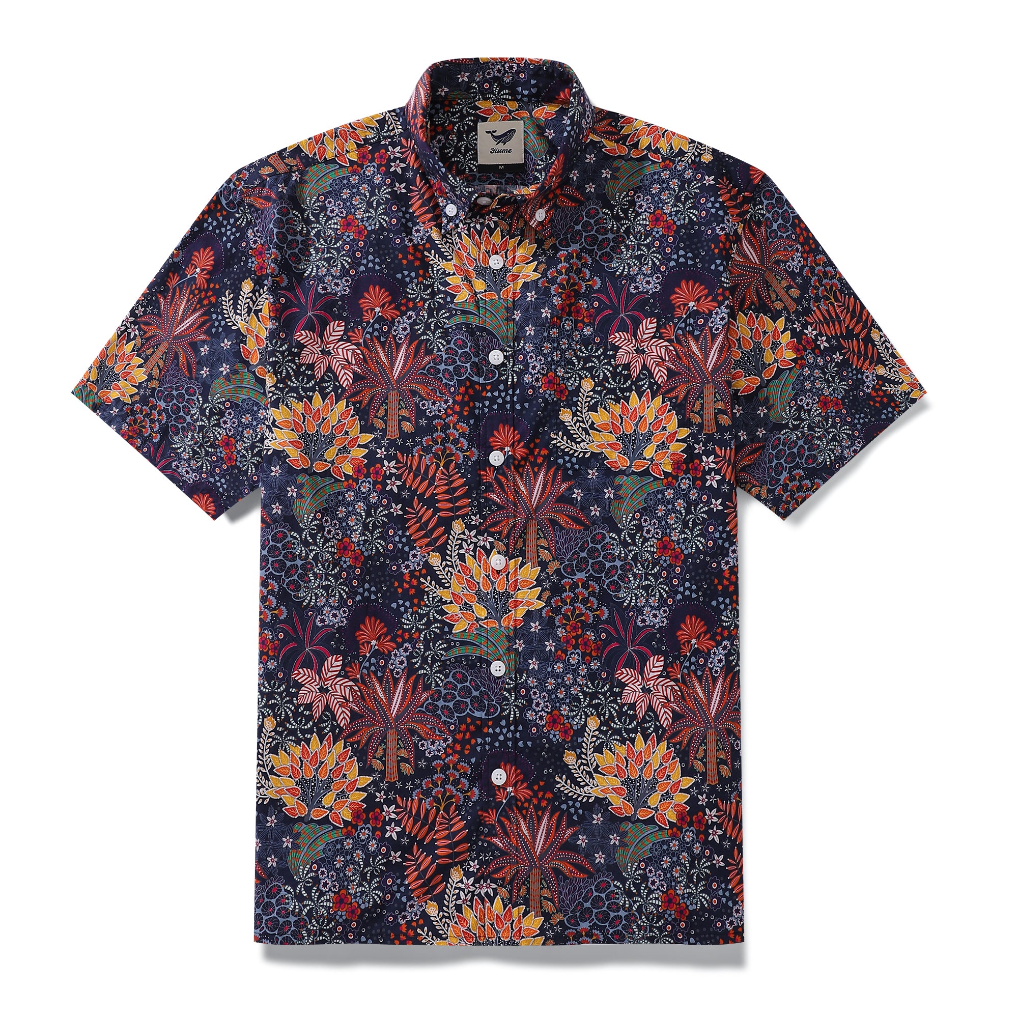 Herren-Hawaii-Hemd mit schrulligem Pflanzen-Print, kurzärmeliges Aloha-Hemd aus Baumwolle mit Knopfleiste