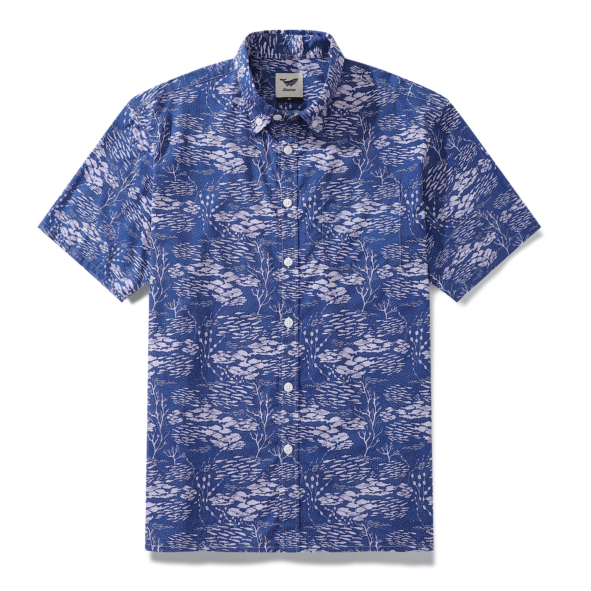 Herren-Hawaiihemd Shoal Layered Print von Katie O'Shea Design Kurzarm-Aloha-Hemd aus Baumwolle mit Knopfleiste