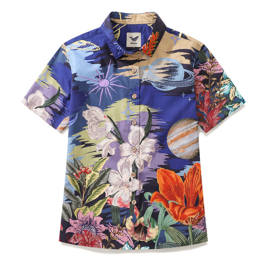 Women's Hawaiian Shirt Garden Under the Moonlight Print Cotton Button-up Short Sleeve