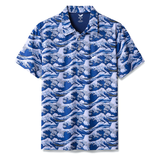 Men's Hawaiian Polo Shirt Ocean Waves Japanese Ukiyo-e Short Sleeve Golf Shirt