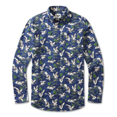 Herren-Hawaii-Hemd „Kraniche tanzen im Himmel“-Baumwoll-Button-Down-Langarm-Aloha-Hemd