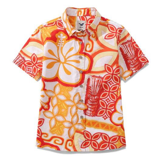 Women's Hawaiian Shirt Orange Totem By Tikirob Print Cotton Button-up Short Sleeve