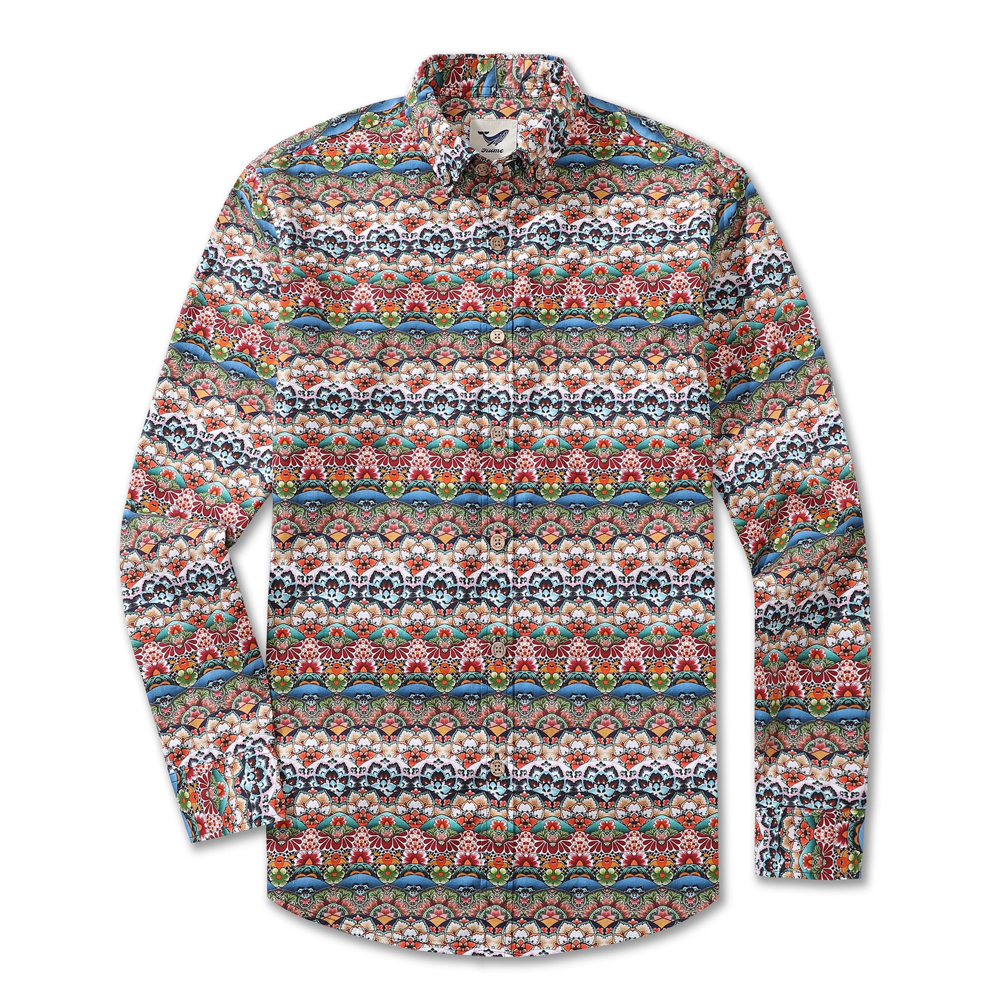 Men's Hawaiian Shirt Tropical Groove Cotton Button-down Long Sleeve Aloha Shirt