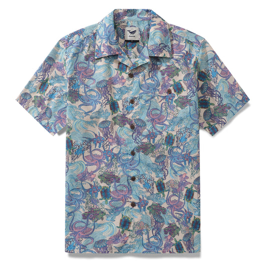 Camisa hawaiana para hombre Seaquake de Nicole Bustamante Camisa estampada Cuello de campamento 100% algodón