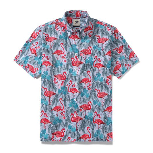 Men's Funky Hawaiian Shirt Flamingo Bay Print Designed by Maria Elena COCO Cotton Button-down