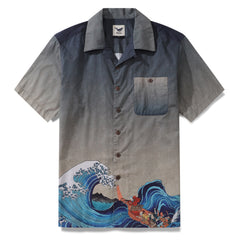 Camisa hawaiana para hombre Camisa de barco Big Wave Cuello de campamento 100% algodón