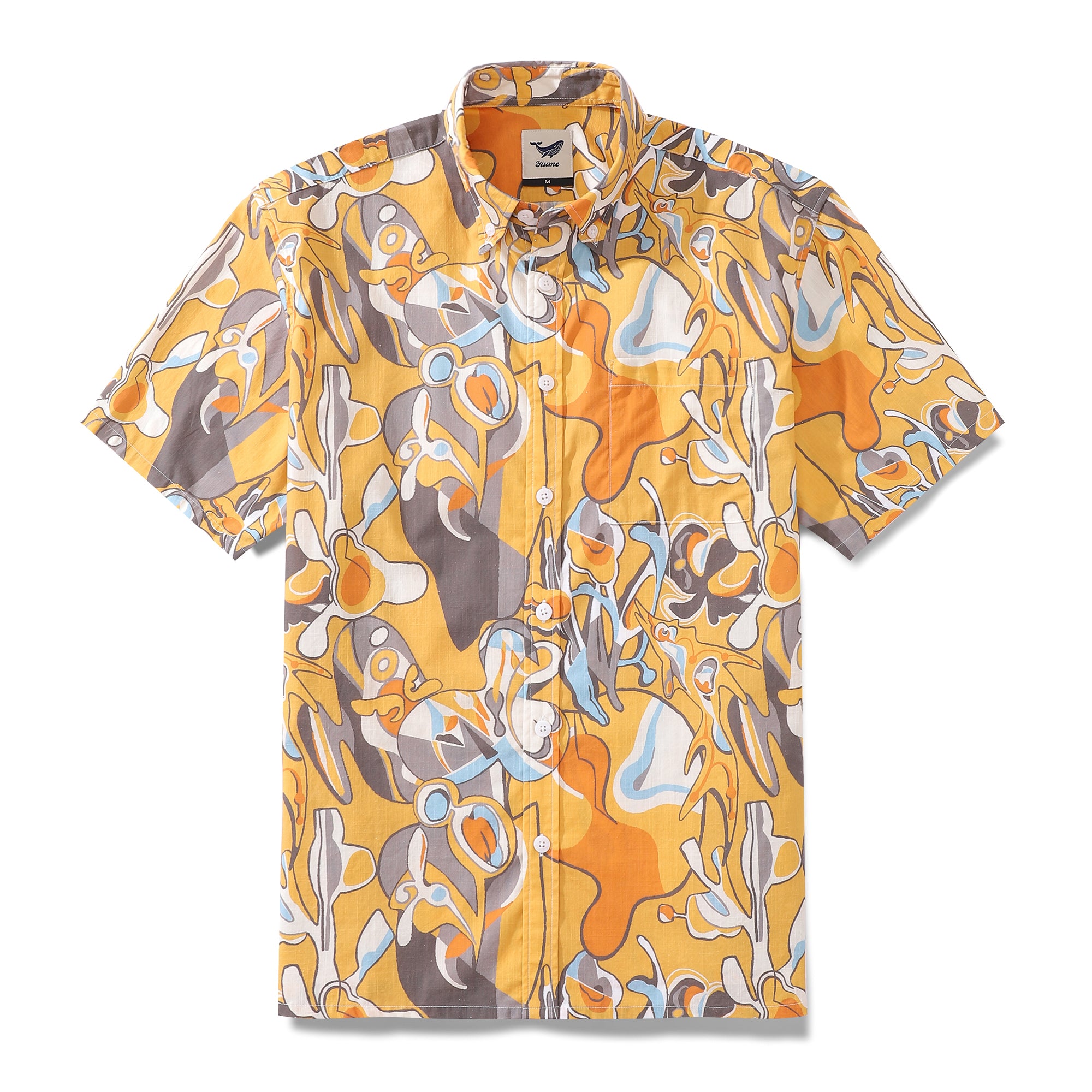 YIUME Men's Hawaiian Shirt Enchanted Lotus Tapestry Print Cotton Button-Down Short Sleeve Aloha Shirt M