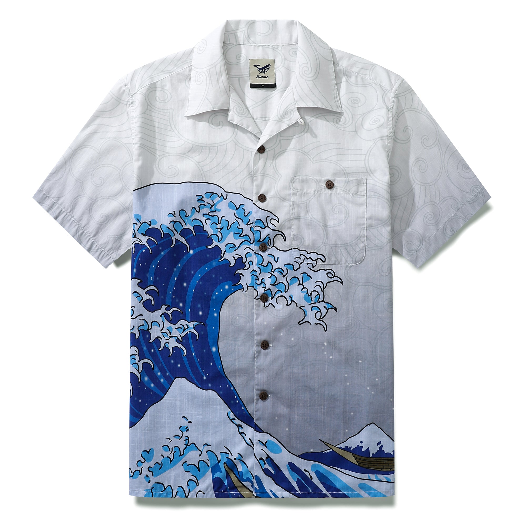 Camicia da uomo Aloha in cotone a maniche corte con motivo a onde e bottoni in cocco