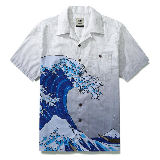 Wave Hawaiian Shirt For Men Japanese Aloha Shirt Cotton Short Sleeve Camp Shirt