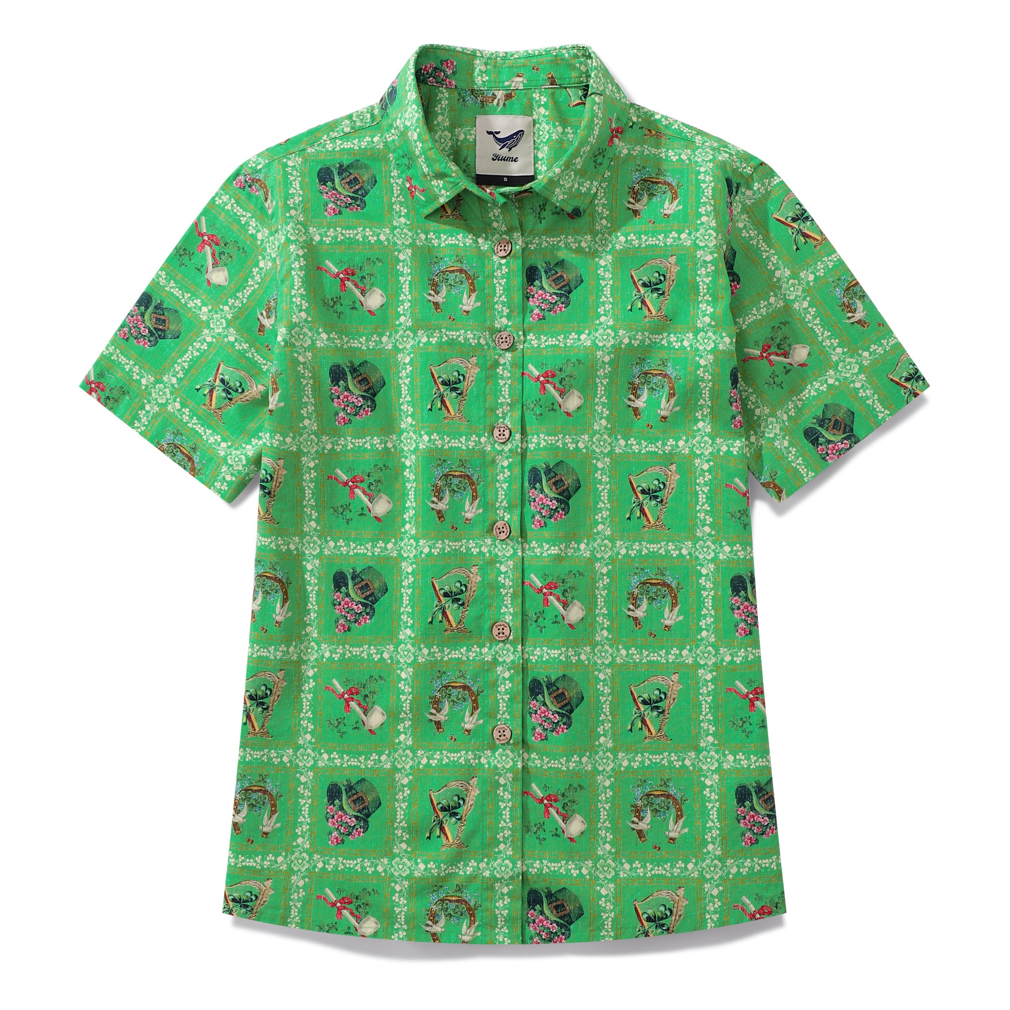 St. Patrick's Day Women's Hawaiian Shirt Green St. Patrick's Day Print Cotton Button-up Short Sleeve