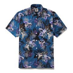 Chemise boutonnée 100% coton à imprimé floral orchidée peinte à la main bleu foncé