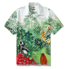 Chemise Hawaïenne Pour Forêt Tropicale et Chemise Singes Col Camp 100% Soie