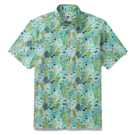 Green Hawaiian Shirt For Men Tropicial Fish Shirt Button-down Short Sleeve 100% Cotton Shirt