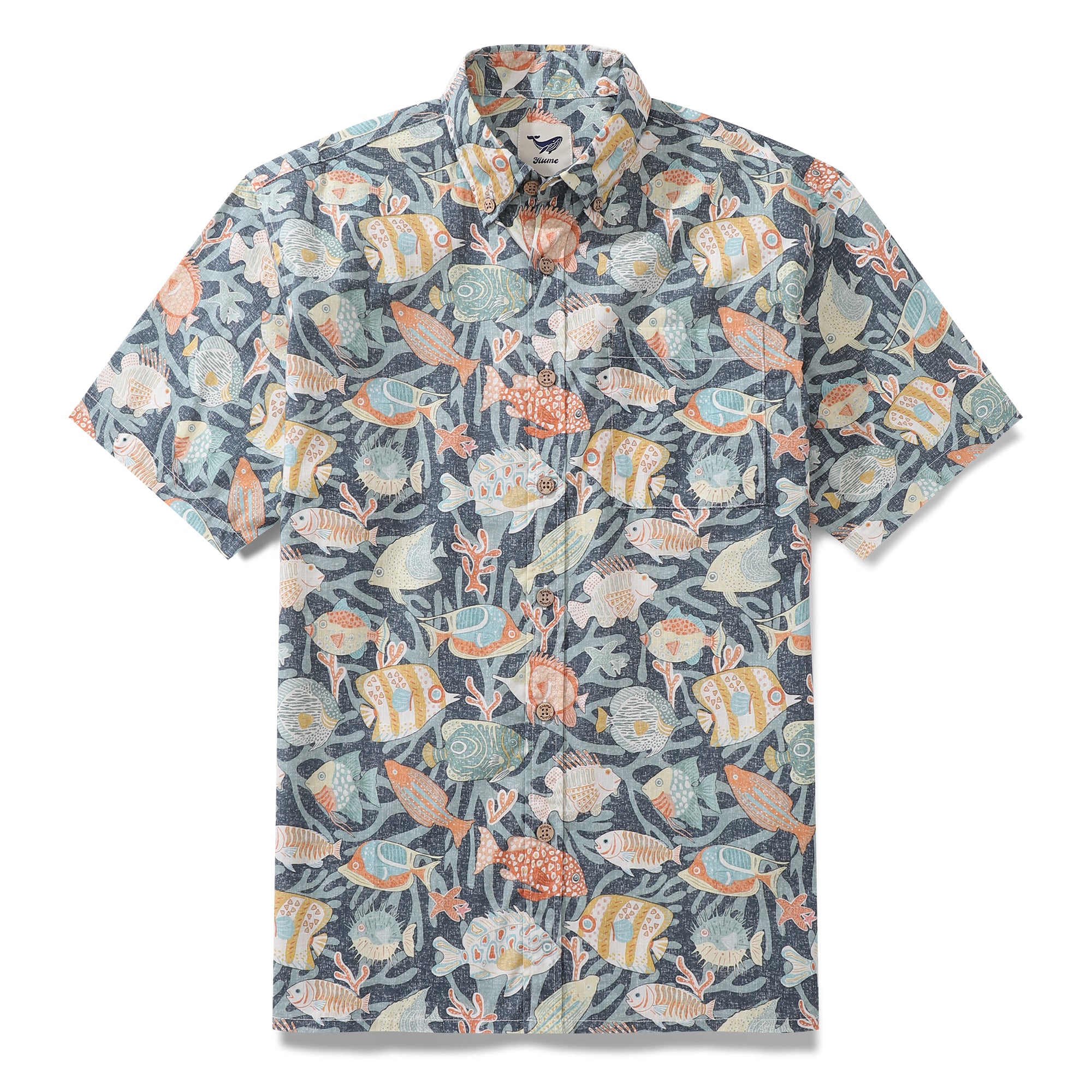 Herren-Hawaii-Hemd, buntes Fisch-Baumwoll-Button-Down-Kurzarm-Aloha-Hemd