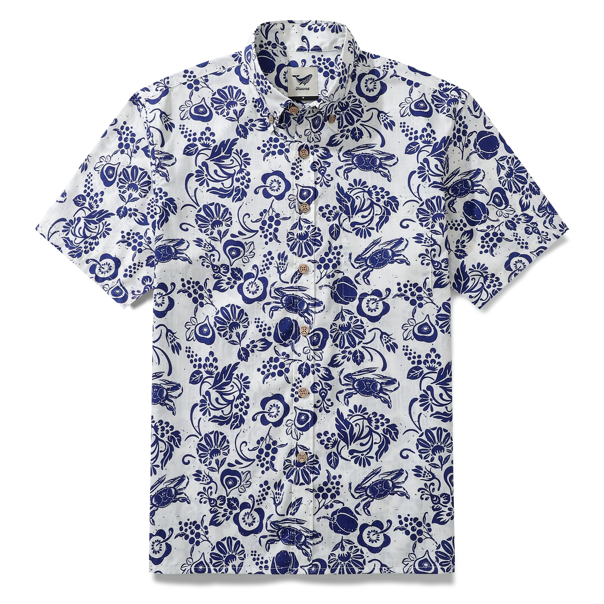 Camisa con botones para hombre 100% algodón con estampado tropical de higos y cangrejos