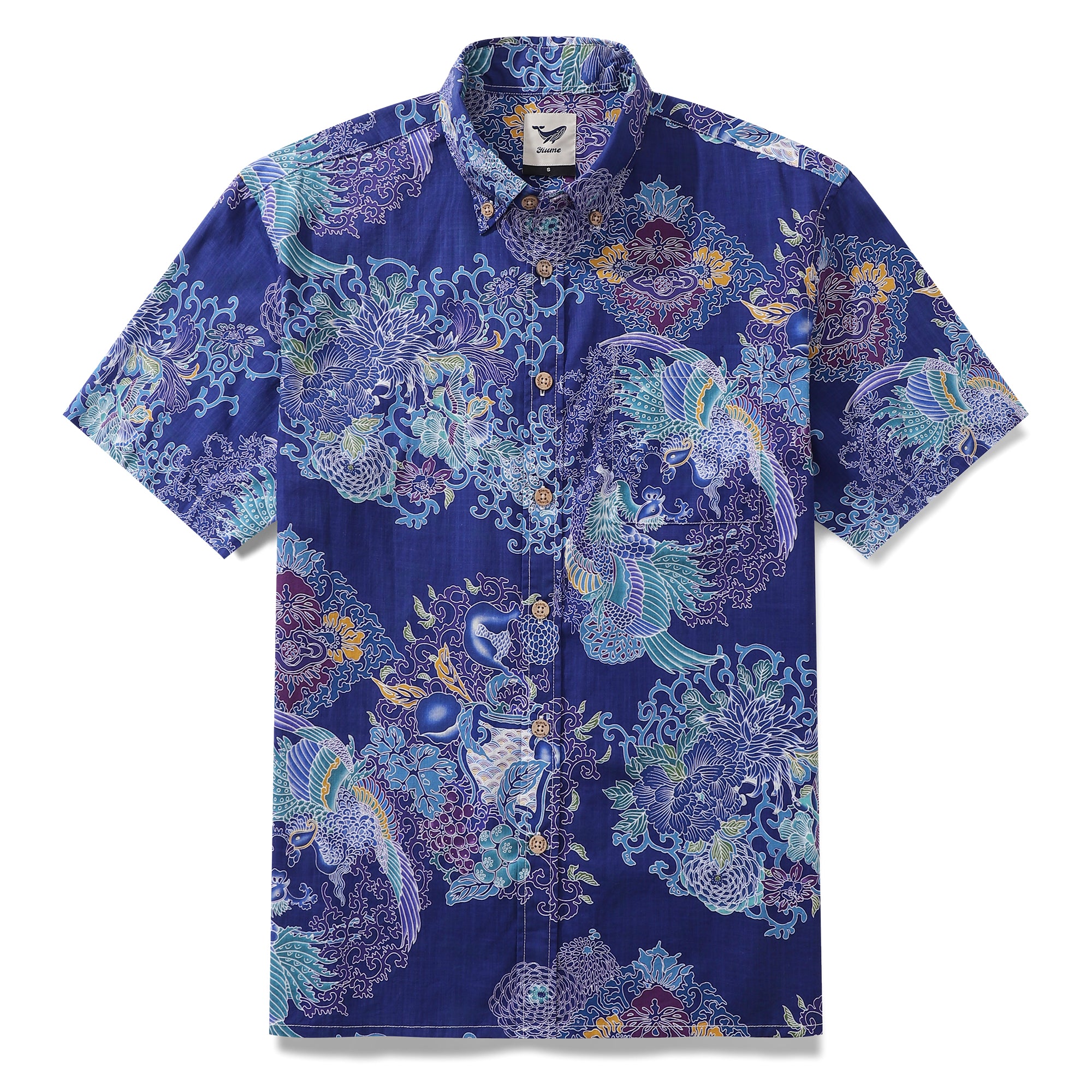 アロハシャツ メンズ フェニックス ピクチャー プリント シャツ コットン 100% - ブルー
