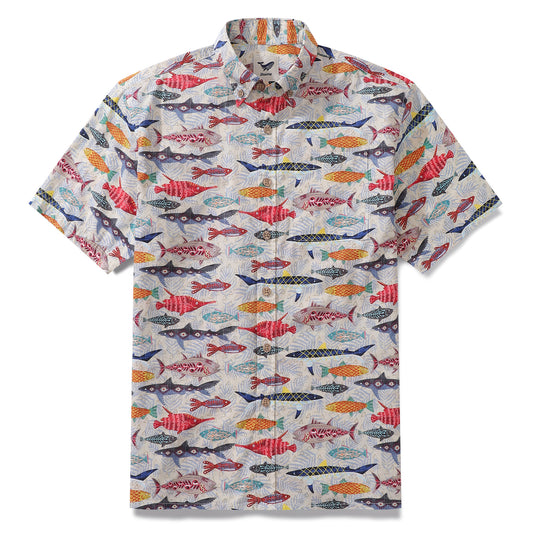 Yiume Summer Hawaiian Shirt For Men Fish Print Cotton Button-down Short Sleeve Aloha Shirt