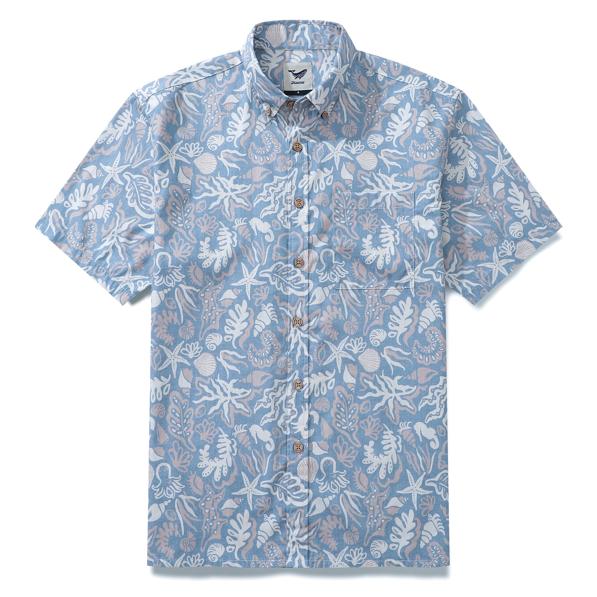 Yiume Camisas Hawaianas para Hombre Estampado Silueta Oceánica 100% Algodón Manga Corta - Azul