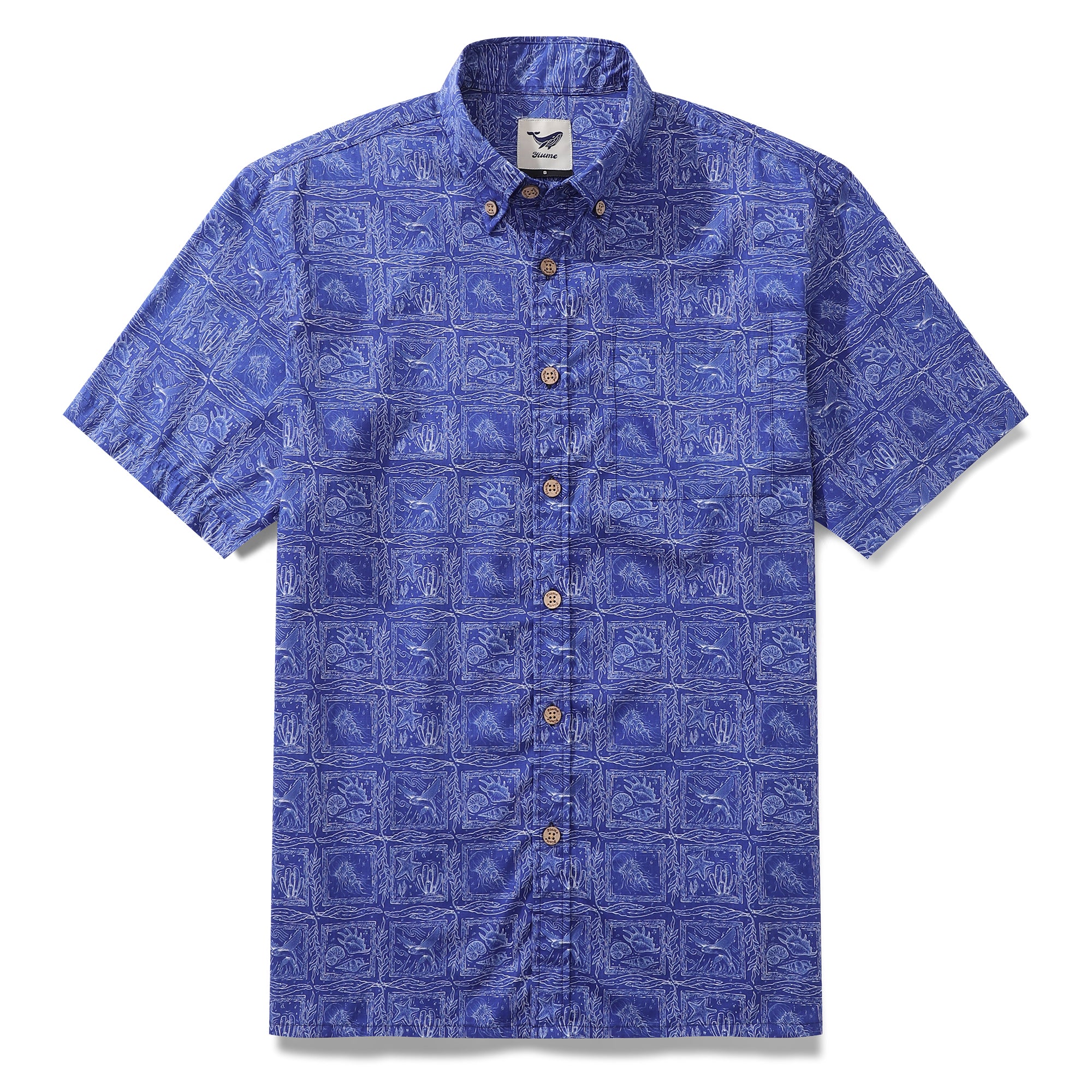 Camisa Yiume Aloha para hombre Camisa hawaiana de manga corta estampada con combinación Ocean Life y Line - Azul marino