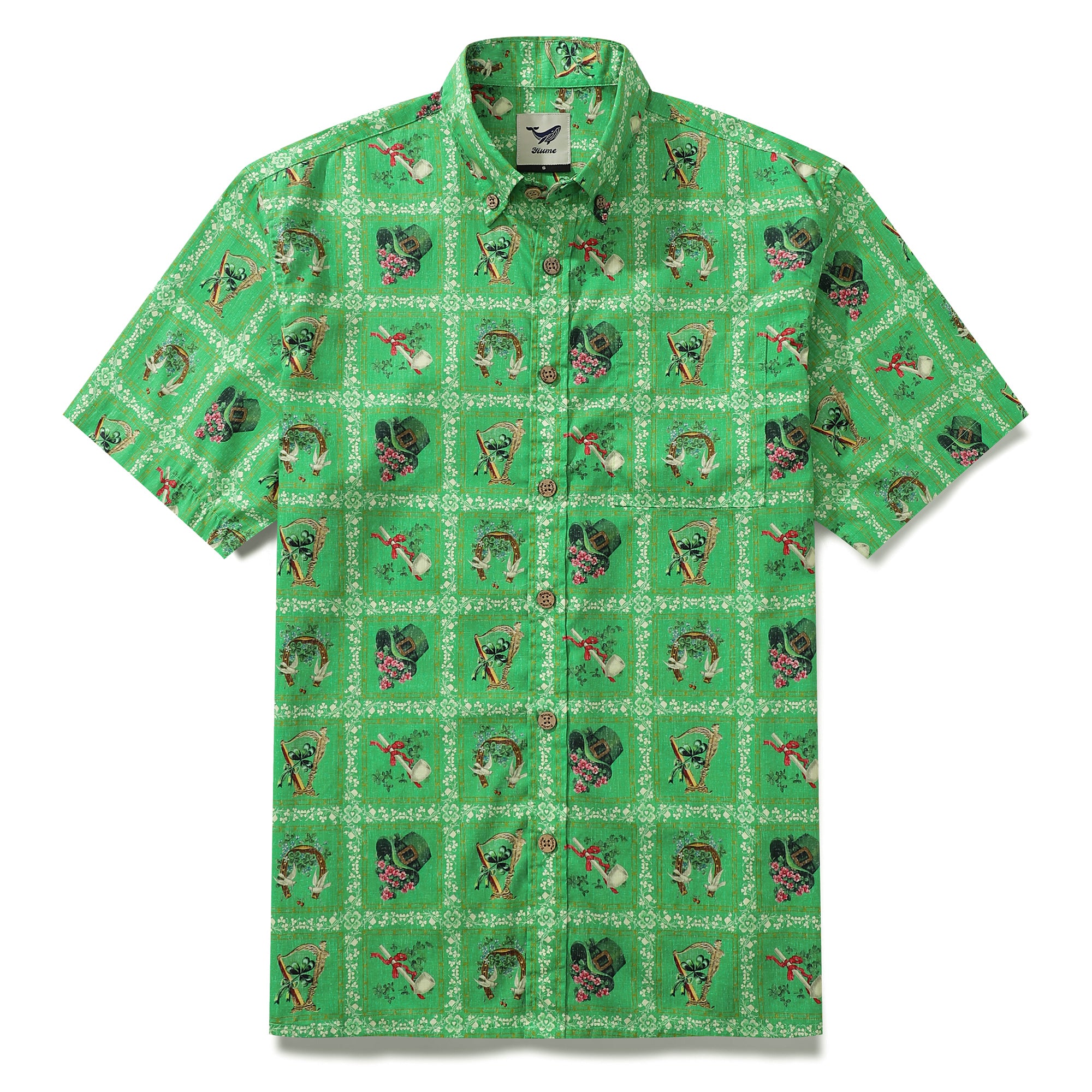 Chemise hawaïenne pour hommes Chemise en coton à manches courtes verte pour la Saint-Patrick
