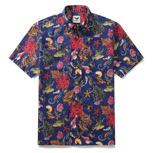 Dark Blue Fish Shirt Men's Marine Life Hawaiian Shirt Button-down Cotton Shirt