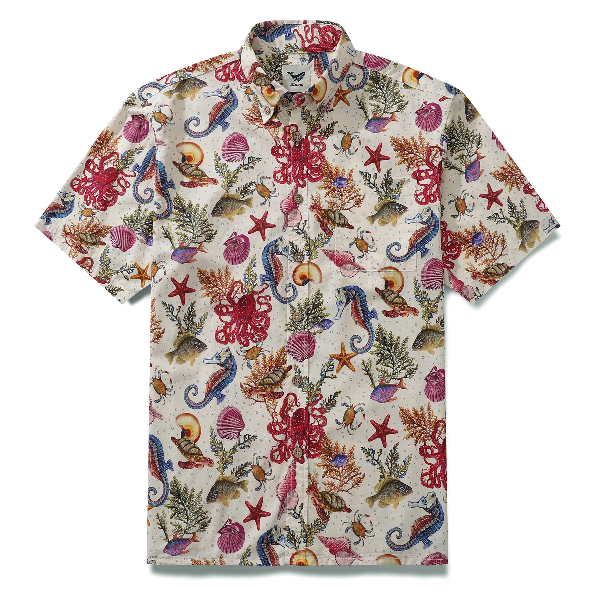 Camisa hawaiana funky para hombre Vida marina Caballito de mar Pulpo Estampado Algodón con botones