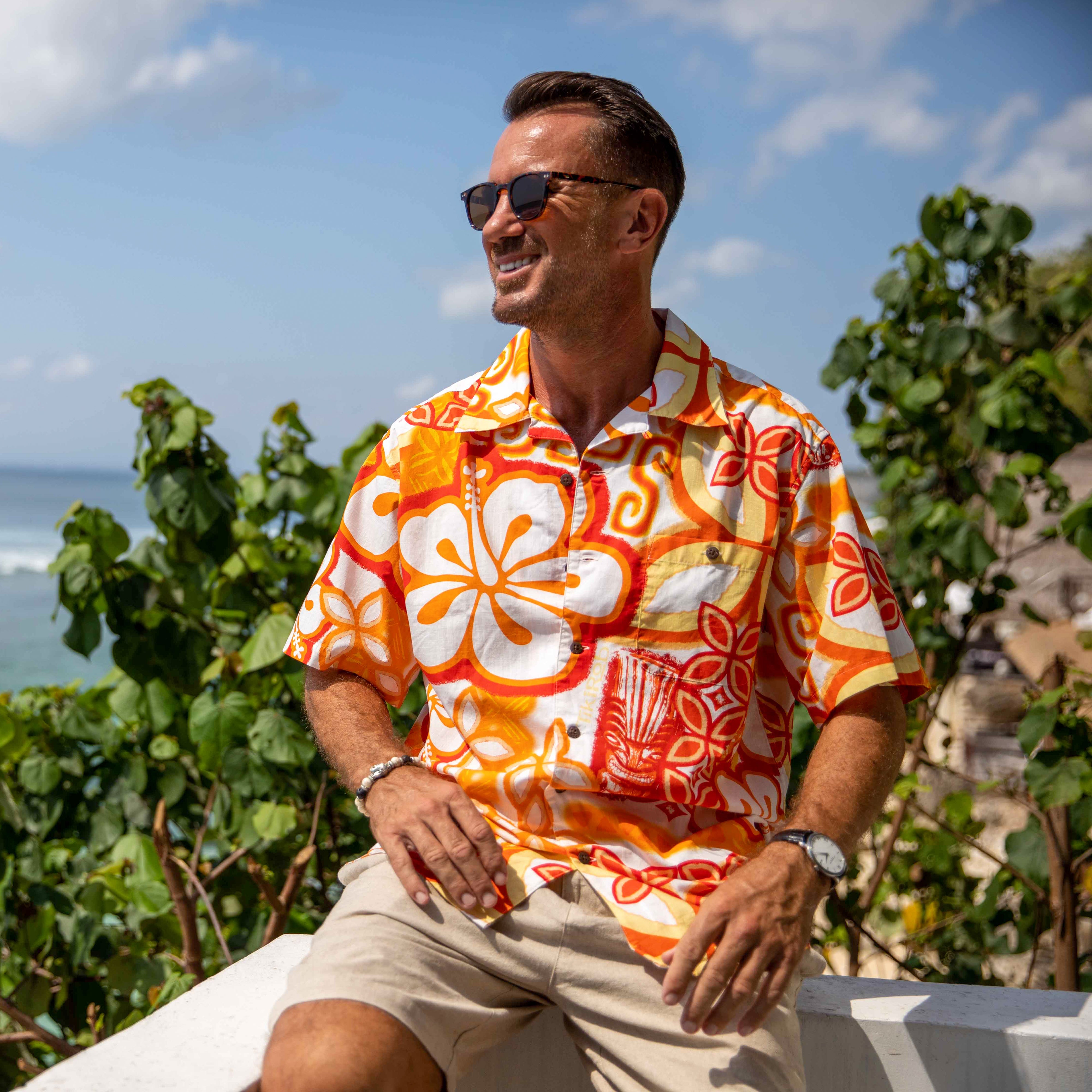 Yiume Camisa de vestir floral Tikirob Diseñador Camisa hawaiana vintage para hombres Naranja