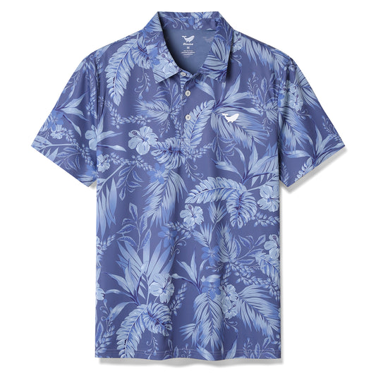 Men's Hawaiian Tropical Blue Bush Print Short Sleeve Polo Shirt