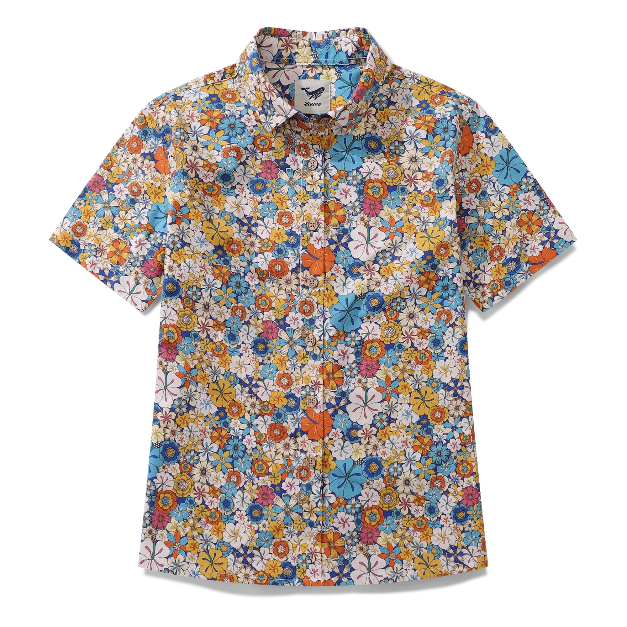Damen-Hawaiihemd mit Hibiskus-Print aus Baumwolle mit kurzen Ärmeln und Knopfleiste