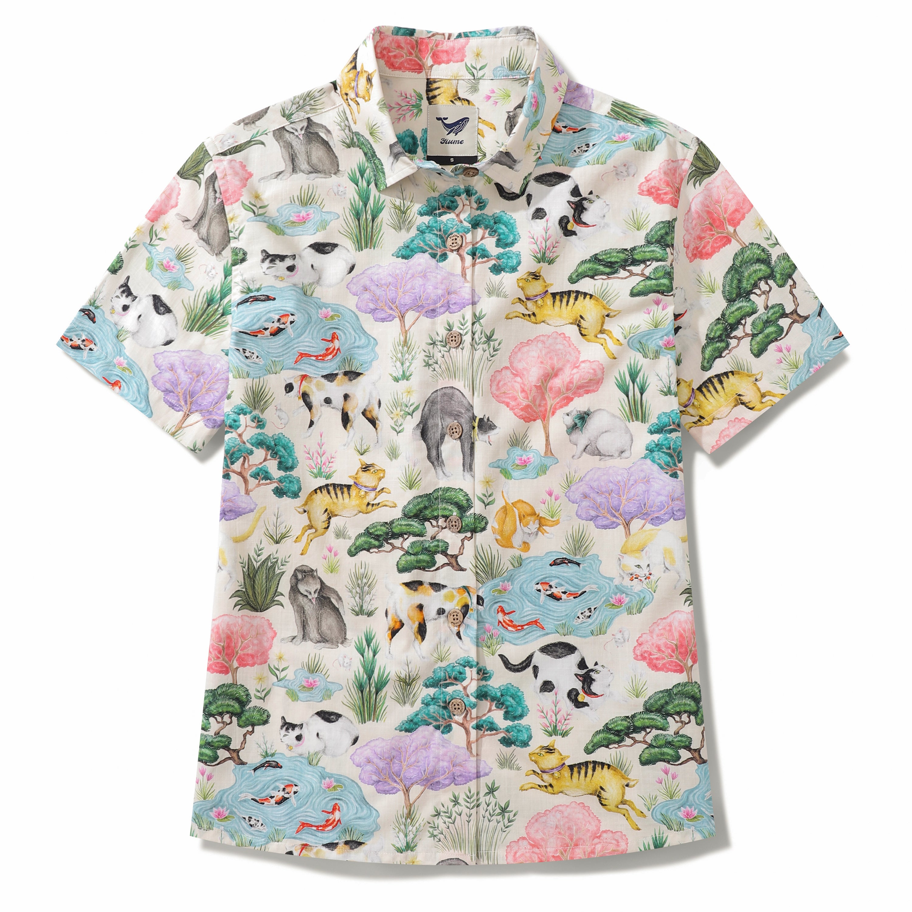 Women's Hawaiian Shirt Japanese Cat Garden By Catherine Rowe Cotton Button-up Short Sleeve