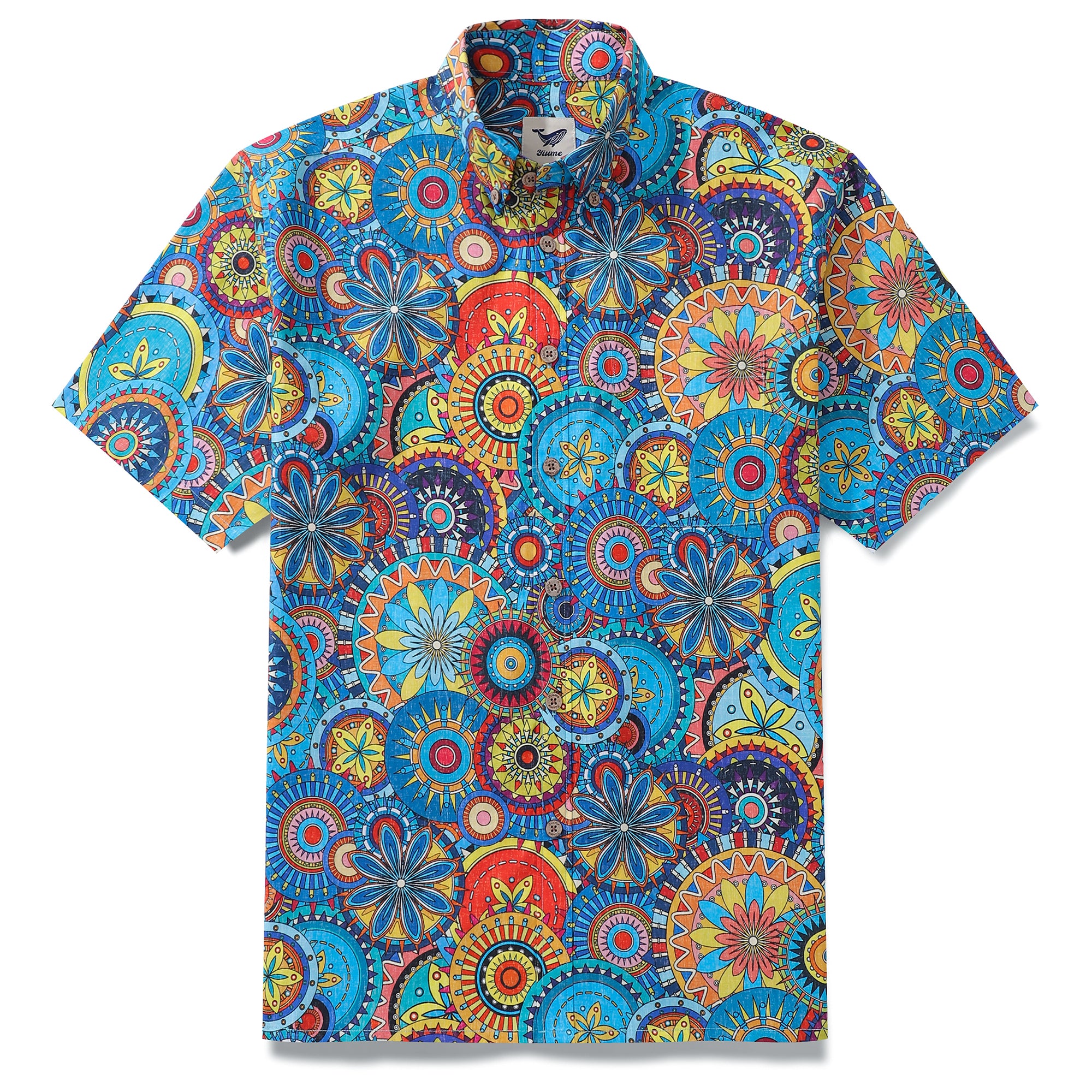 Blue Hawaiian Shirt For Men Short Sleeve Geometric Button-down Shirt 100% Cotton Shirt