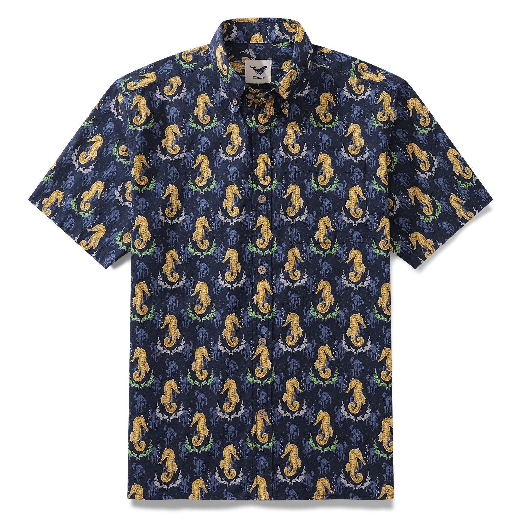 Herren-Hawaii-Hemd, männliche Seepferdchen, die Nachkommen aufziehen, bedrucktes Baumwoll-Button-Down-Kurzarm-Aloha-Hemd
