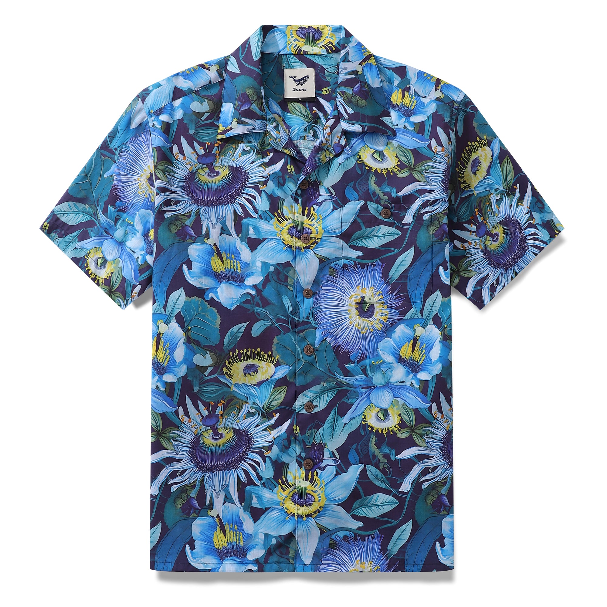 Blue Hawaiian Shirt For Men 100% Cotton Flowers Shirt Camp Collar Shirt