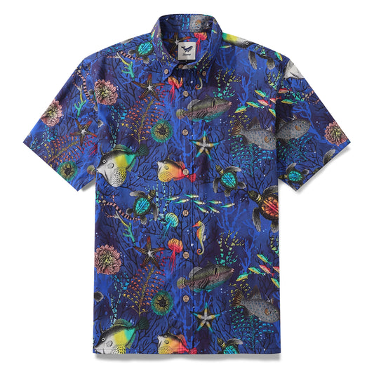 Deep Blue Hawaiian Shirt For Men Underwater World Short Sleeve Button-down Cotton Shirt