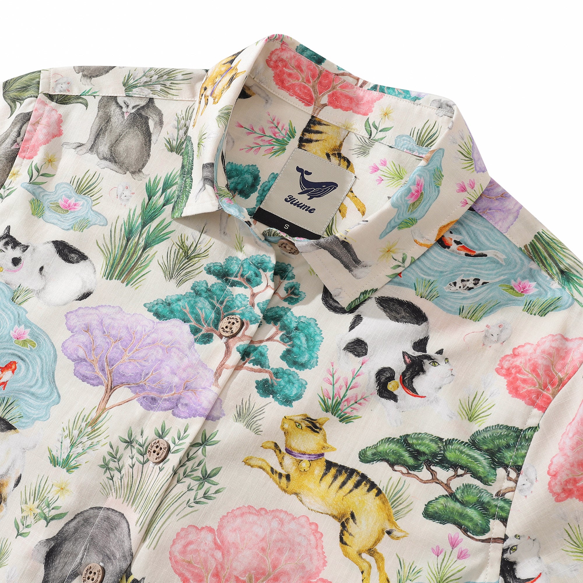 Women's Hawaiian Shirt Japanese Cat Garden By Catherine Rowe Cotton Button-up Short Sleeve