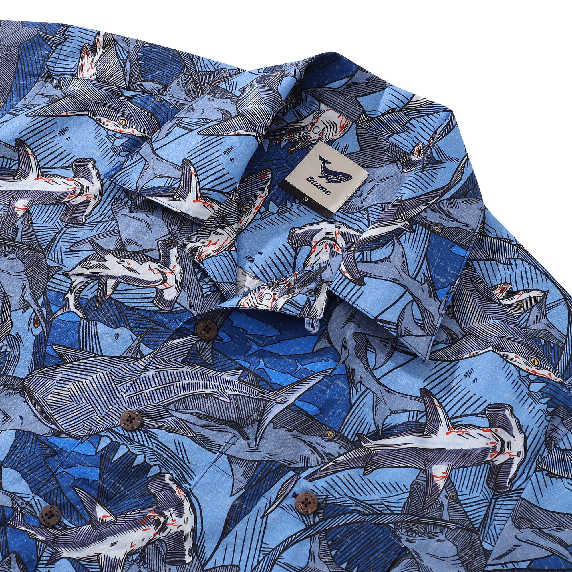 Hawaiihemd für Herren, Haie in Schulen, Hemd mit Camp-Kragen, 100 % Baumwolle