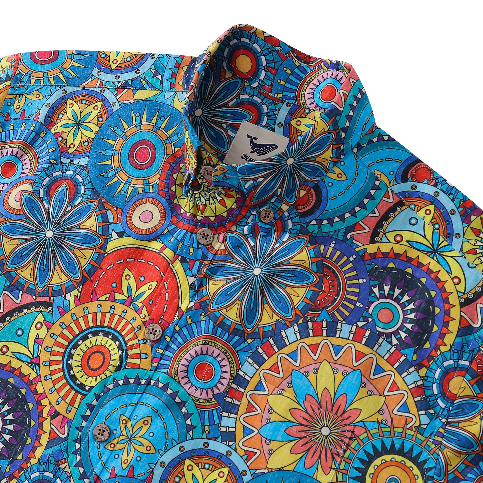 Blue Hawaiian Shirt For Men Short Sleeve Geometric Button-down Shirt 100% Cotton Shirt