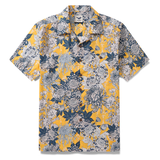 Yellow Hawaiian Shirt For Men Japanese Flower Shirt Camp Collar 100% Cotton Shirt