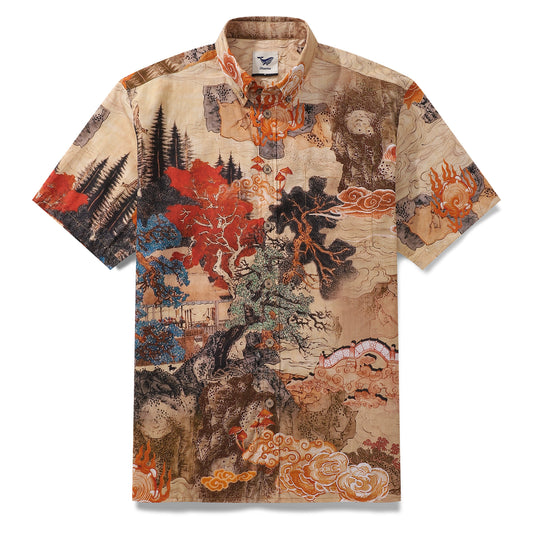 Designer Hawaiian Shirt For Men Cloudy Mountain with Red Tree Button-down Short Sleeve 100% Cotton Shirt