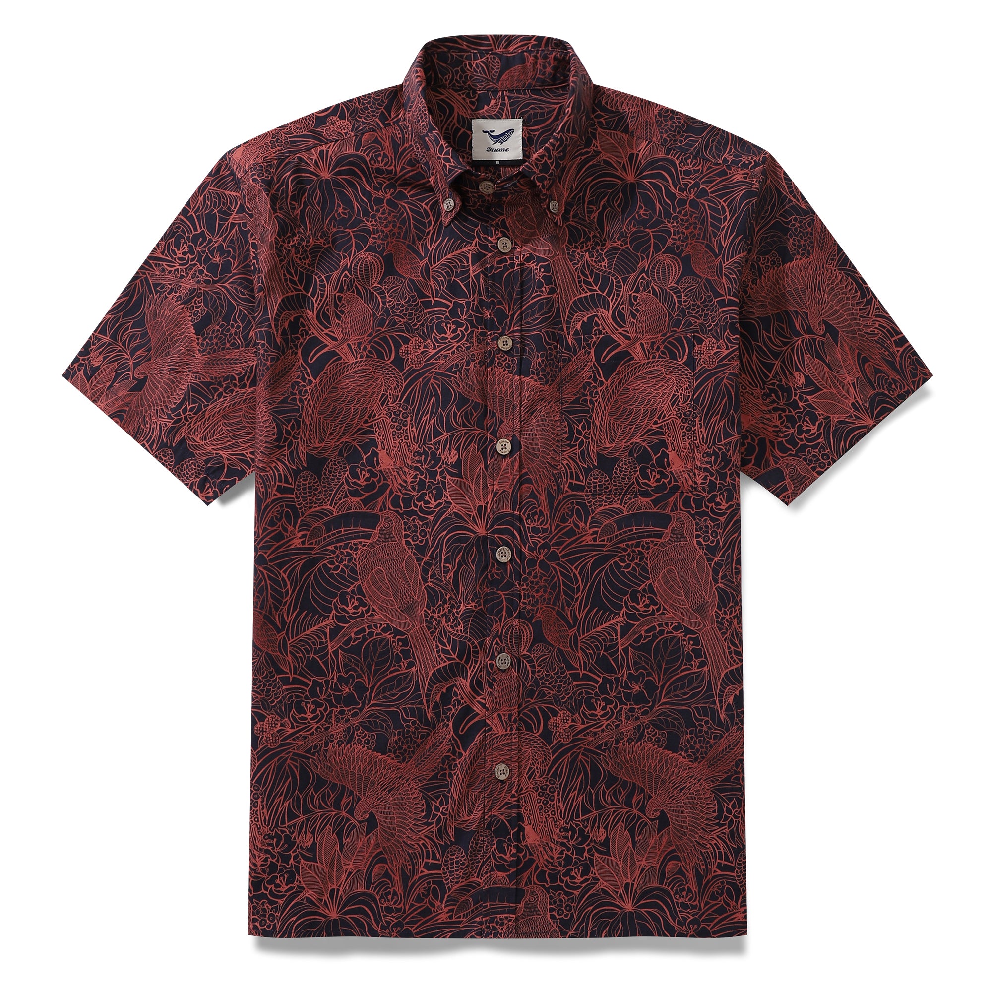 Red Hawaiian Shirt For Men Birds Print Button-down Short Sleeve 100% Cotton Shirt