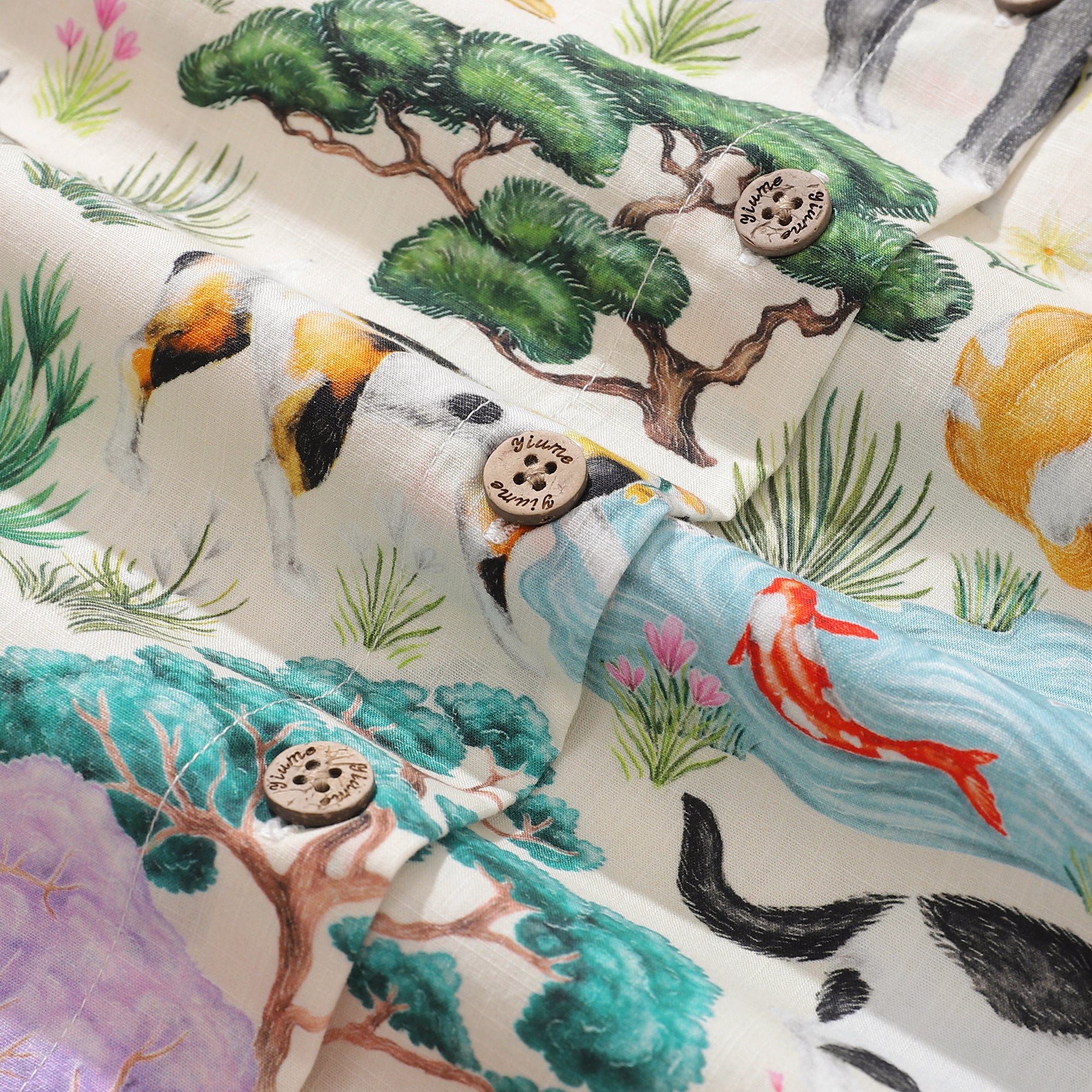 Women's Hawaiian Shirt Japanese Cat Garden By Catherine Rowe Cotton Button-up Short Sleeve