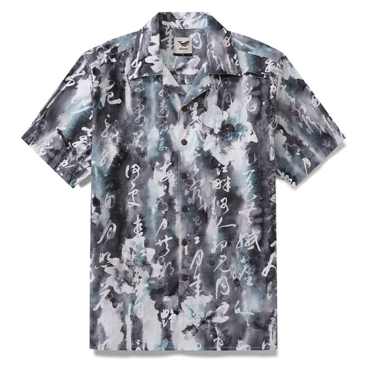 Designer Hawaiian Shirt For Men Chinese Ink Painting Shirt 100% Cotton Camp Collar Shirt