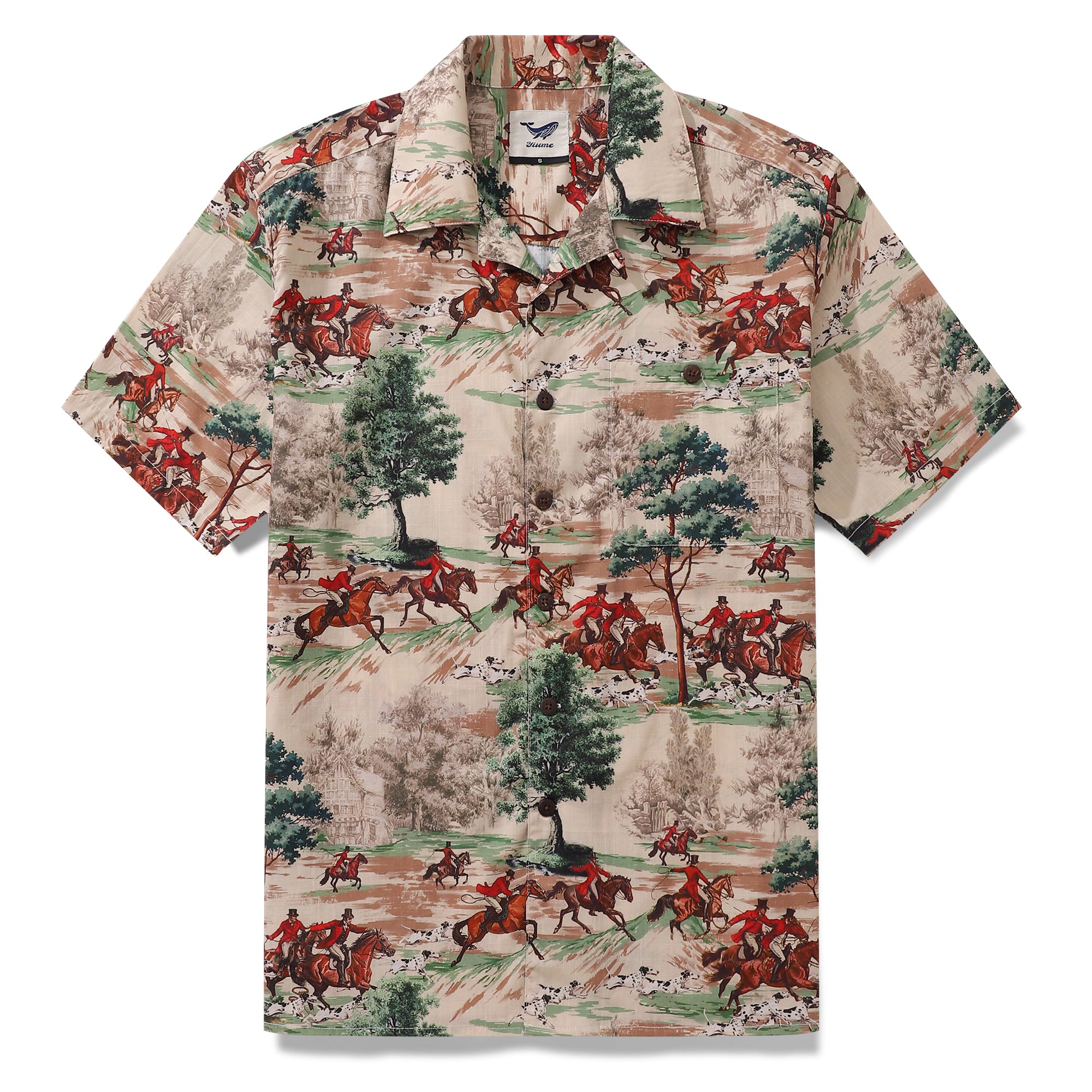 Hawaiian Shirt For Men Field Horse Racing Shirt Camp Collar 100% Cotton