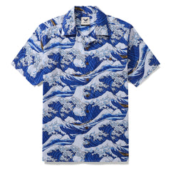 Camisa hawaiana para hombre, camisa con estampado japonés de olas del océano, cuello de campamento, 100% algodón