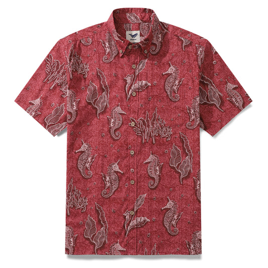 Red Hawaiian Shirt For Men Seahorses Shirt Button-down Short Sleeve 100% Cotton Shirt