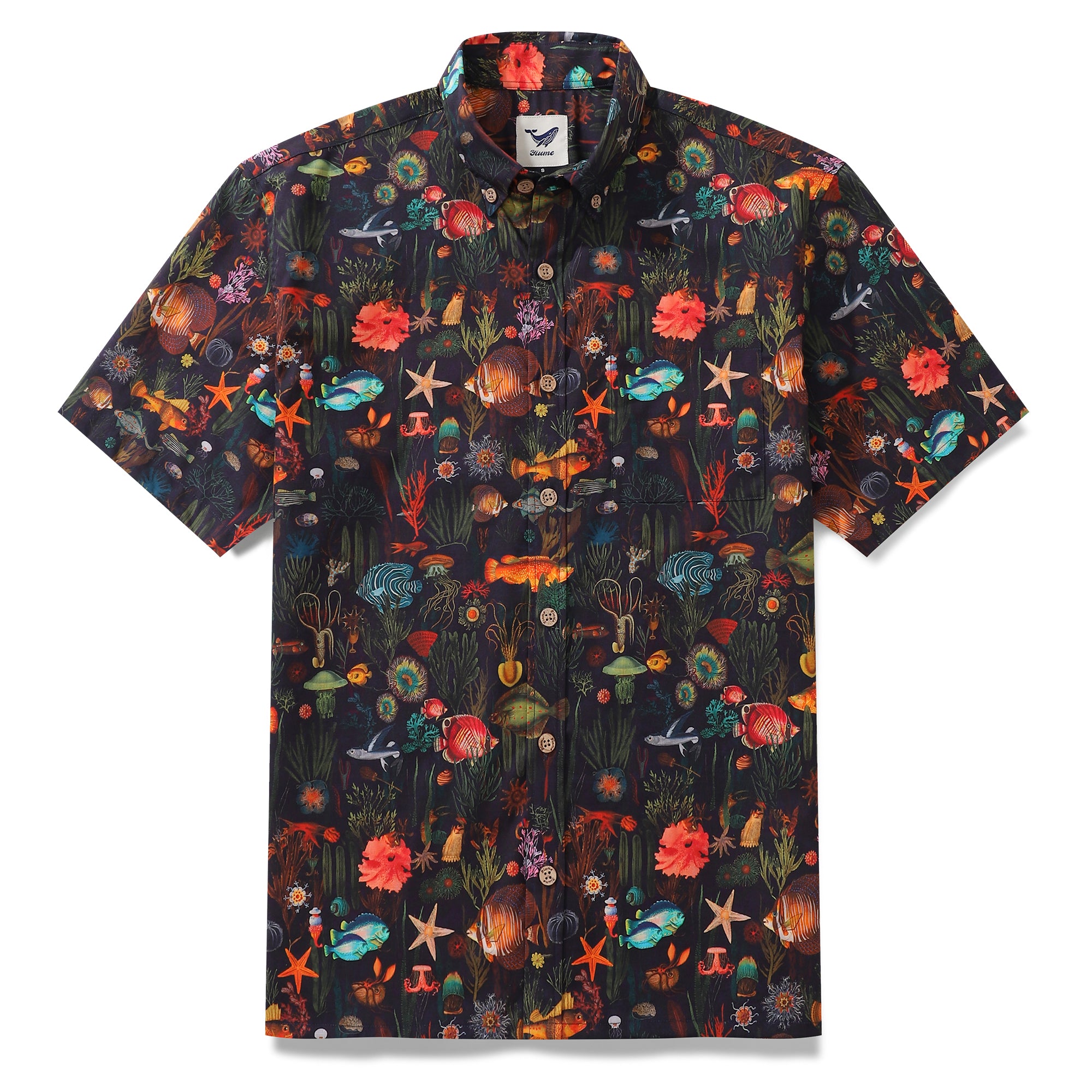 Black Hawaiian Shirt For Men Button-down Fish Shirt Short Sleeve 100% Cotton Shirt