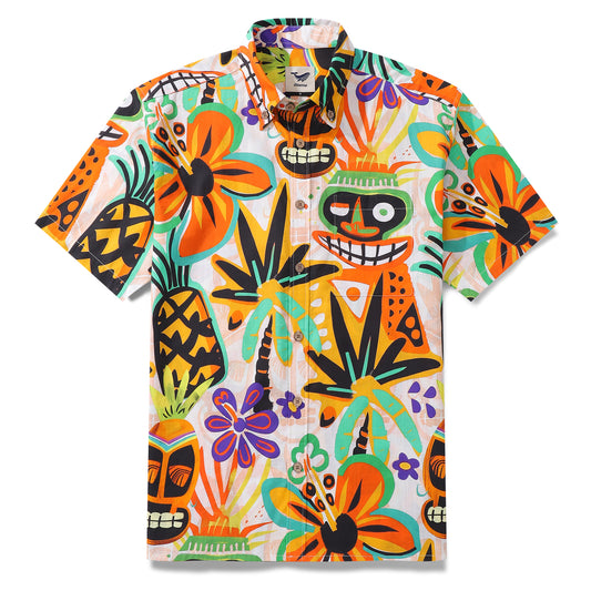 Hawaiian Shirt For Men Tropical Tiki Button-down Shirt Short Sleeve 100% Cotton Shirt