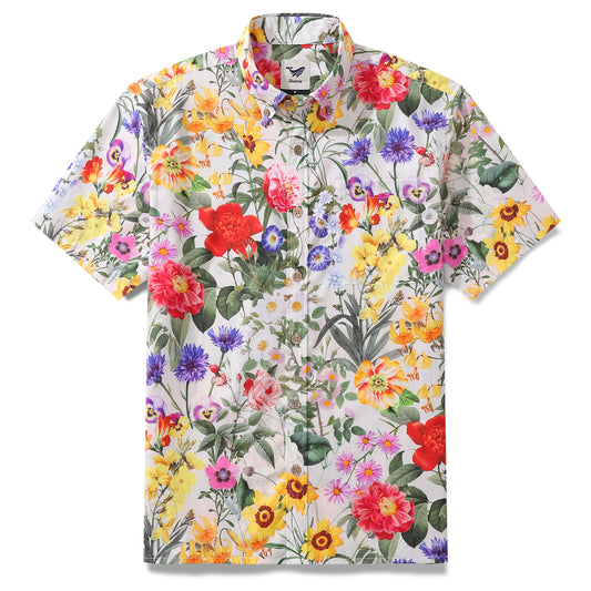 Floral Hawaiian Shirt For Men Colorful Button-down Shirt Short Sleeve 100% Cotton Shirt