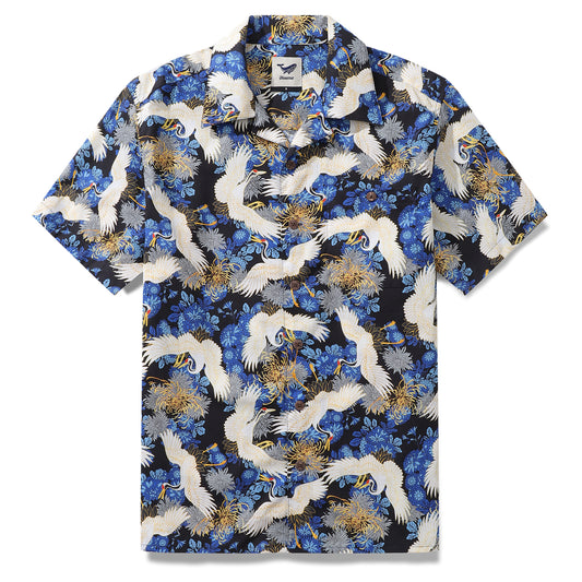 100% Cotton Hawaiian Shirt For Men Crane Camp Collar Shirt
