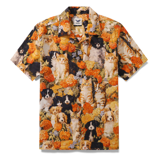 Hawaiian Shirt For Men Dog and Cat Shirt Camp Collar 100% Cotton